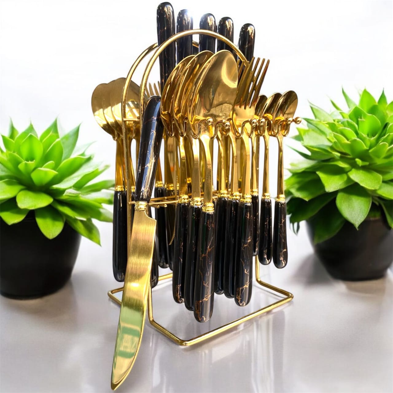 24pc Marble Gold Cutlery set