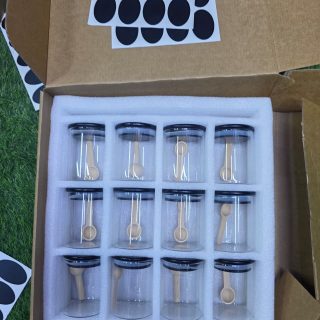 12pcs Borosilicate air tight Spice Storage jars with stickers.