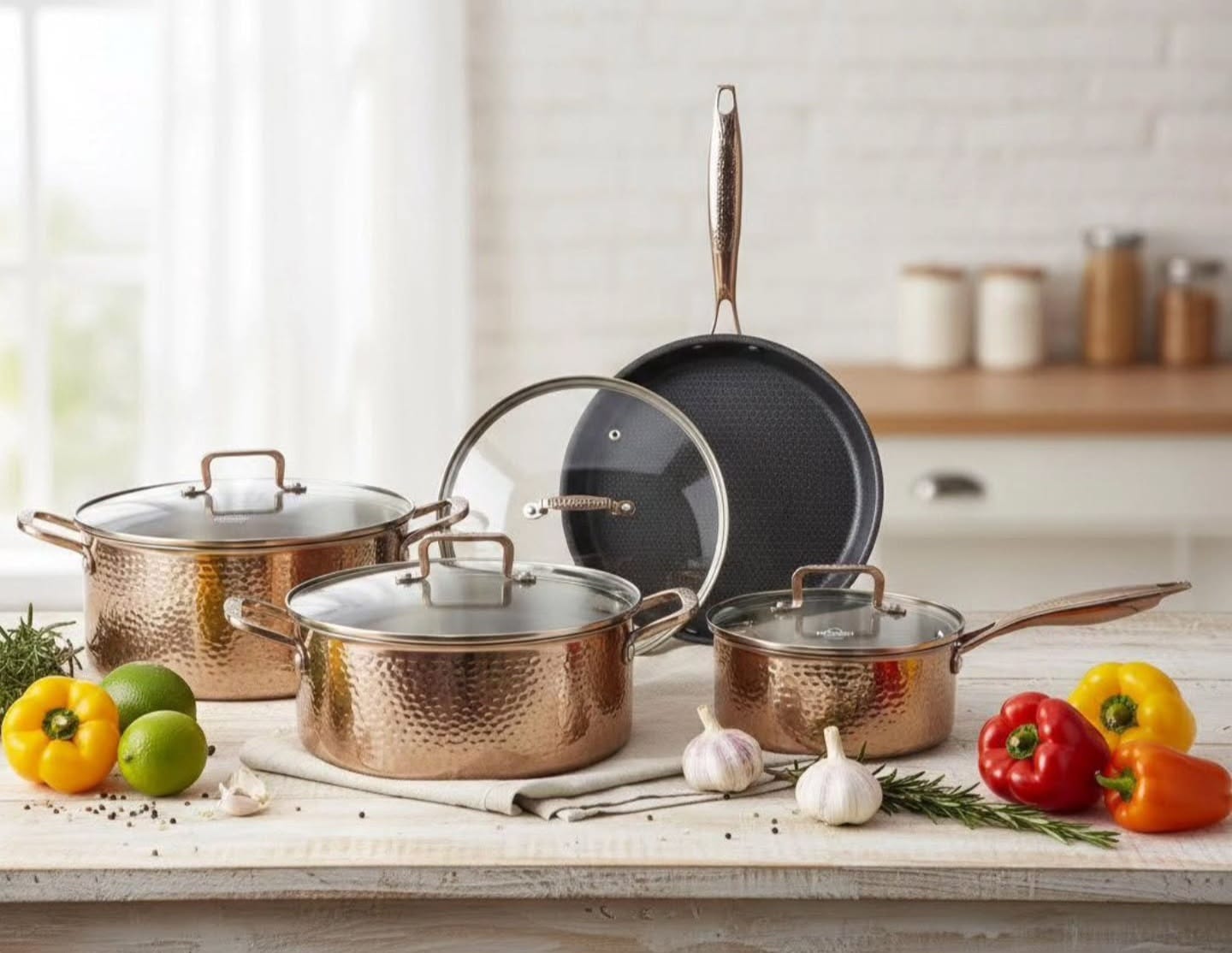 UAKEEN GERMANY 🇩🇪 8PCS SET (VK 99 ) Golden.Premium High quality Tripply S/S Stainless steel cookware set with Hammered Patterned design