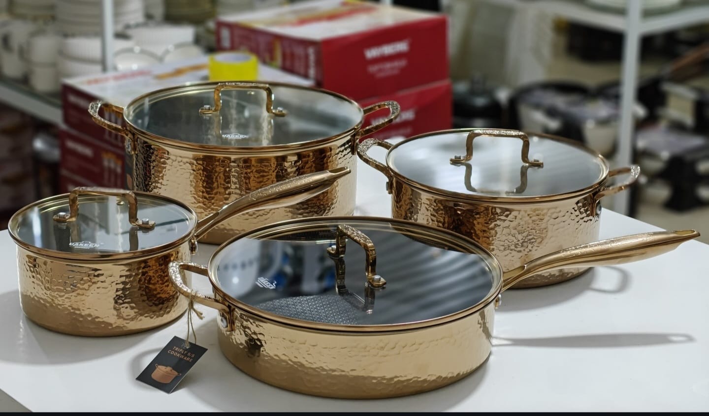 UAKEEN GERMANY 🇩🇪 8PCS SET (VK 99 ) Golden.Premium High quality Tripply S/S Stainless steel cookware set with Hammered Patterned design - Image 2