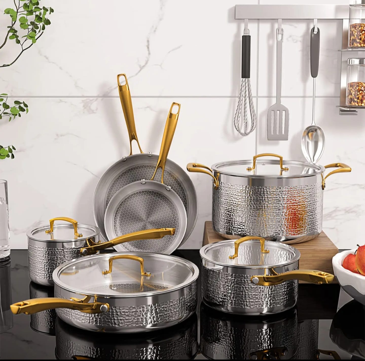 10pcs set. Premium High quality Tripply S/S Stainless steel cookware set with Hammered Patterned design