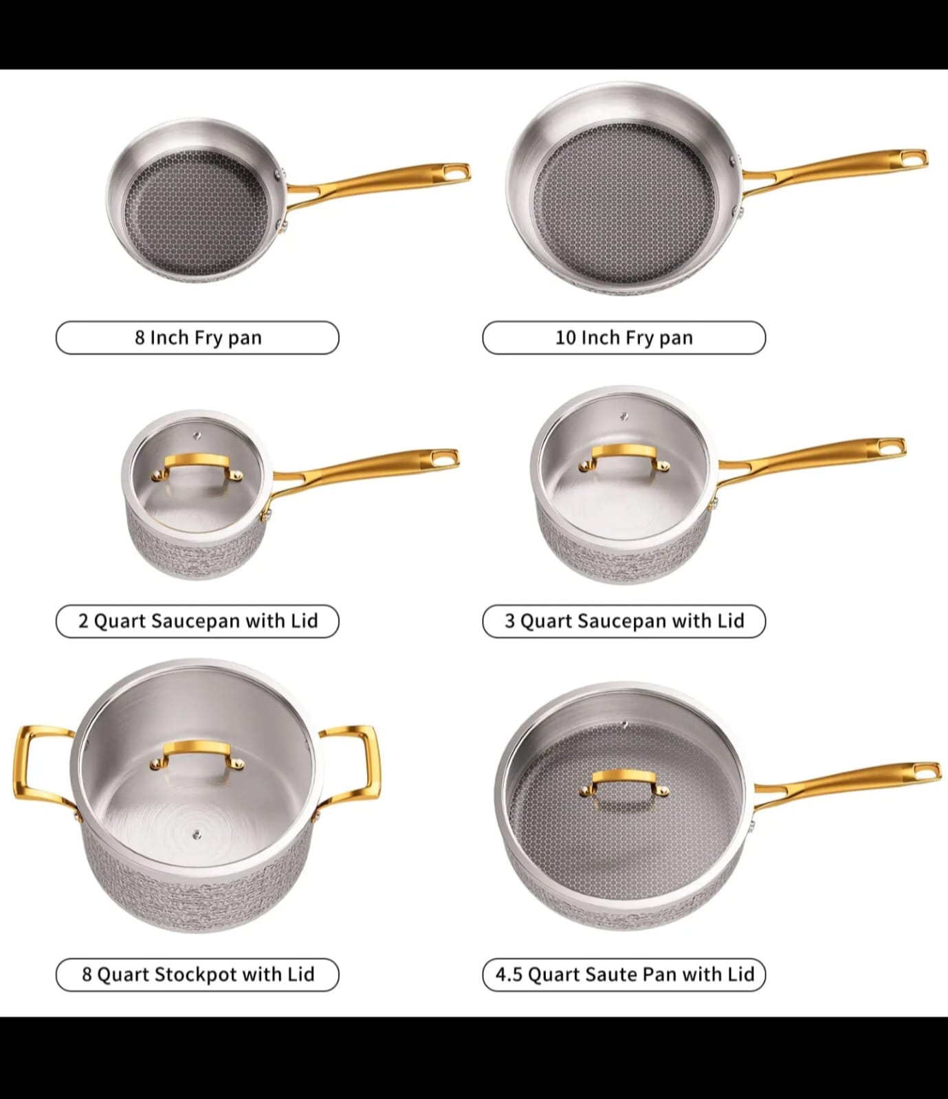 10pcs set. Premium High quality Tripply S/S Stainless steel cookware set with Hammered Patterned design - Image 2