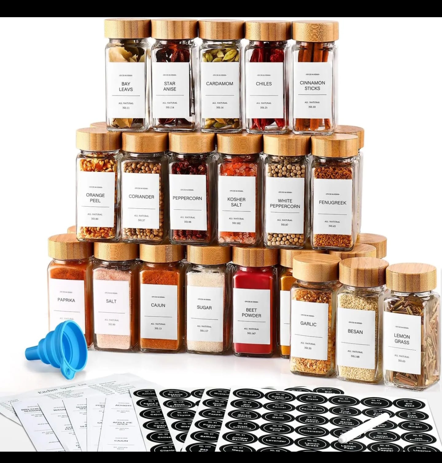 12pc Spice Containers with Bamboo lid and pantry stickers.